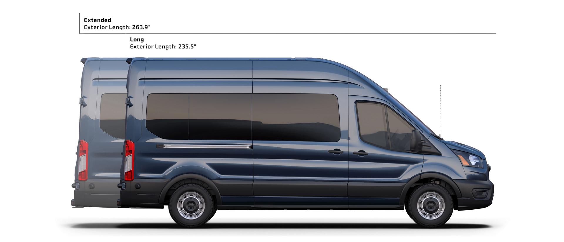 The two lengths of a 2025 Ford Transit® Van with dimensions