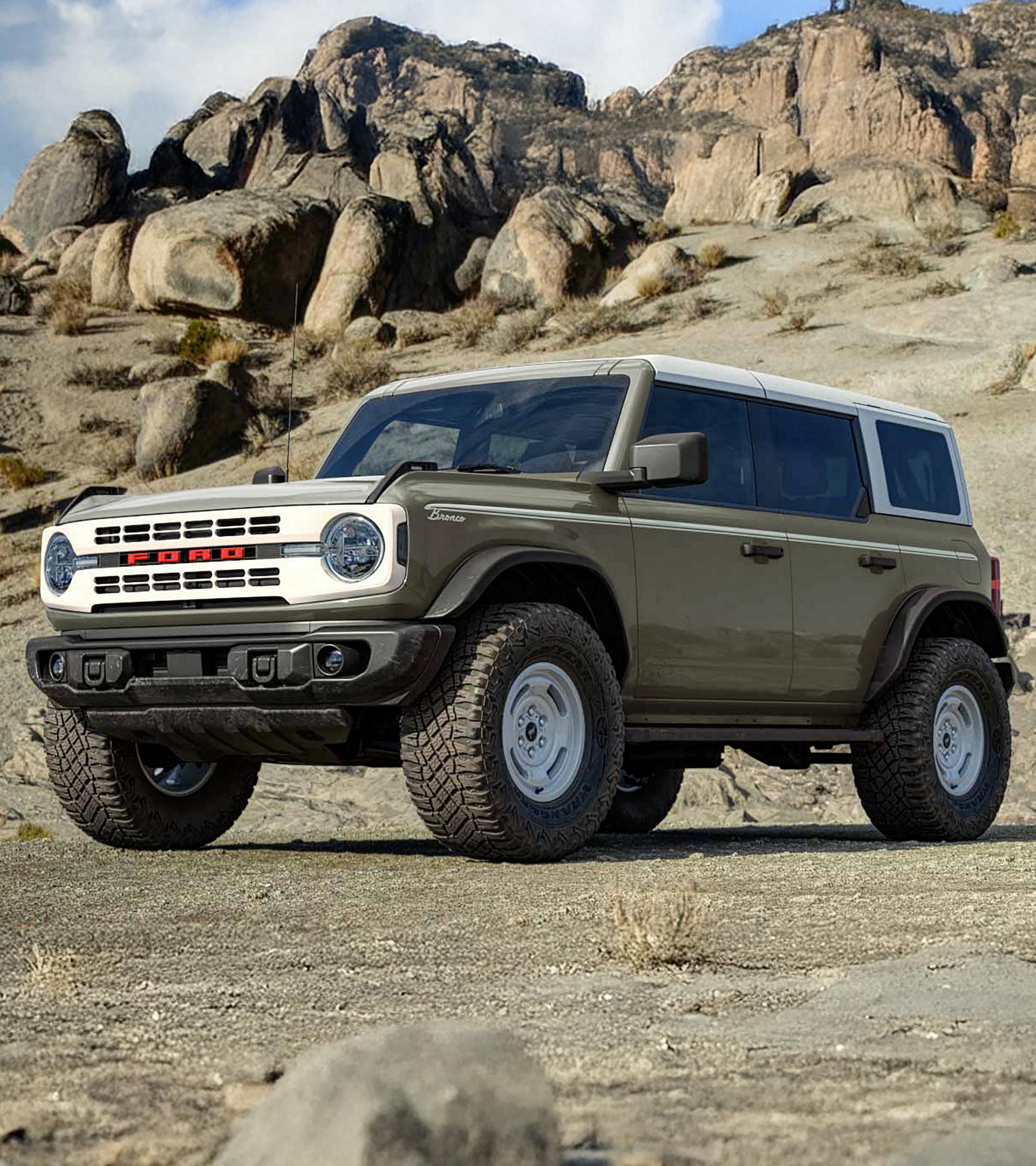 A 2026 Ford Bronco® Heritage Edition SUV parked on a mud flat, with a rocky cliff behind