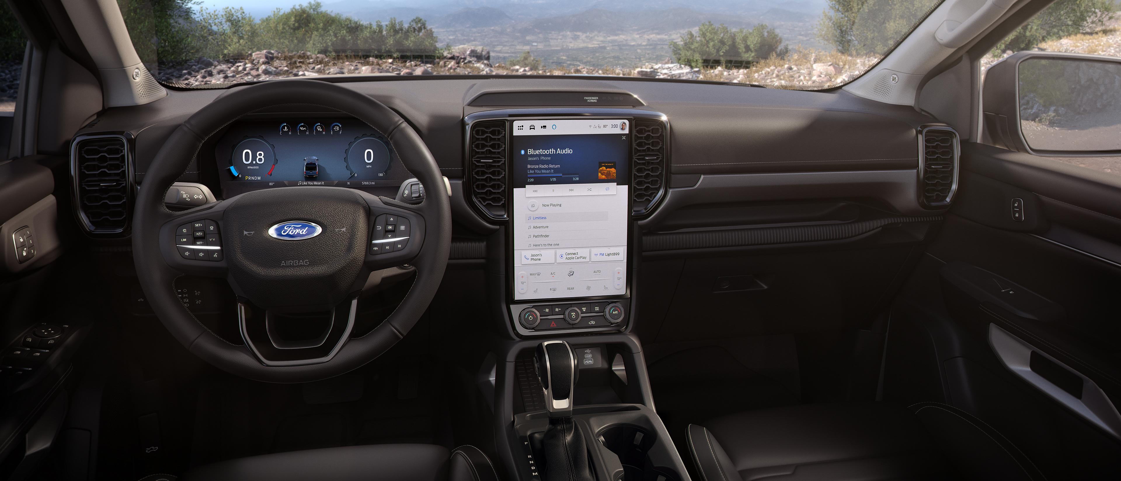 Interior of the 2025 Ford Ranger® pickup dash and centre display