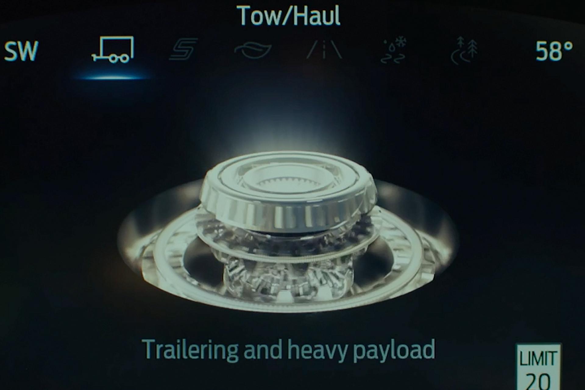 The cluster display in a 2026 Ford Explorer® SUV, showing the Tow/Haul drive mode selected