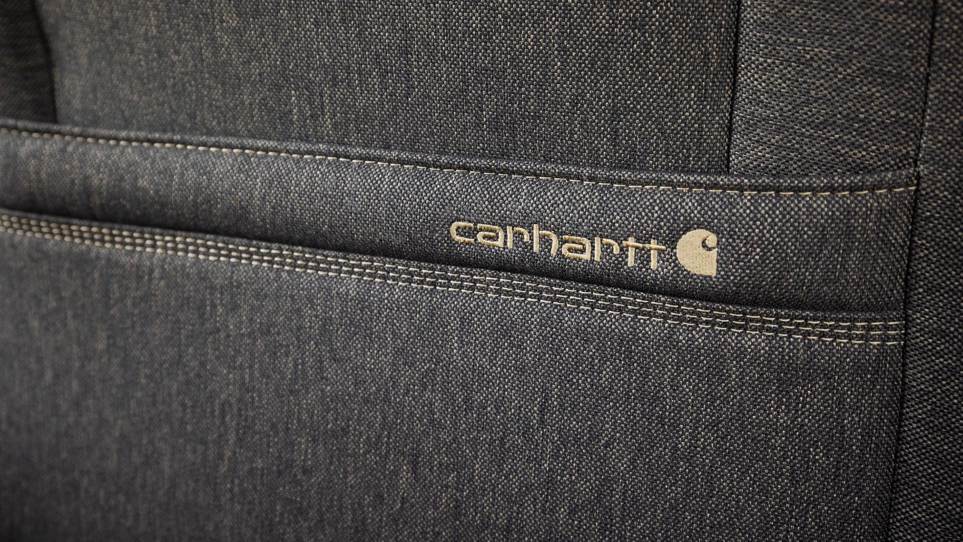Close-up of the Carhartt® logo on the seat of a 2027 Ford F-150® XLT model with the Carhartt Package