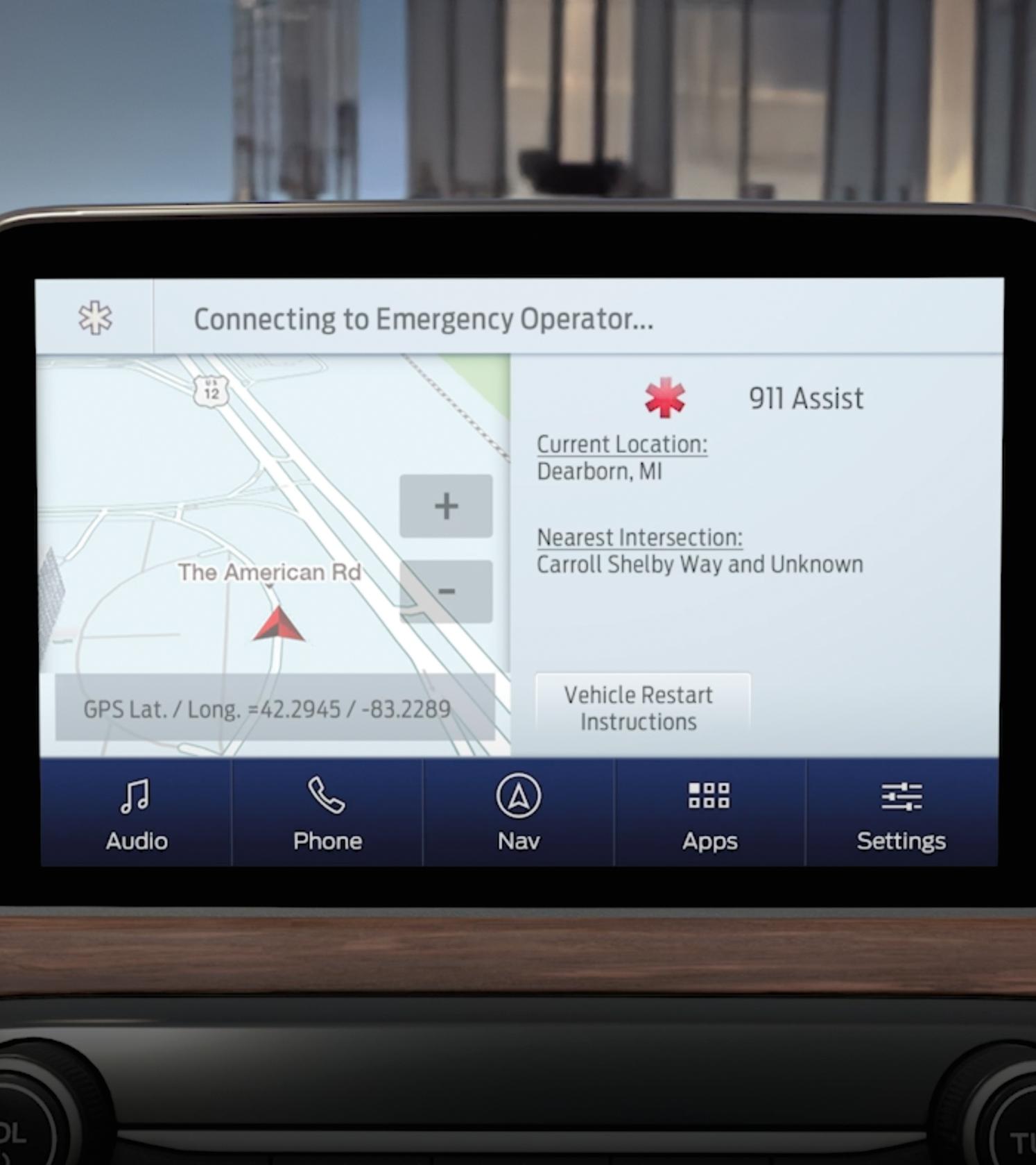 Centre touch screen in a Ford vehicle displaying the emergency contact screen.