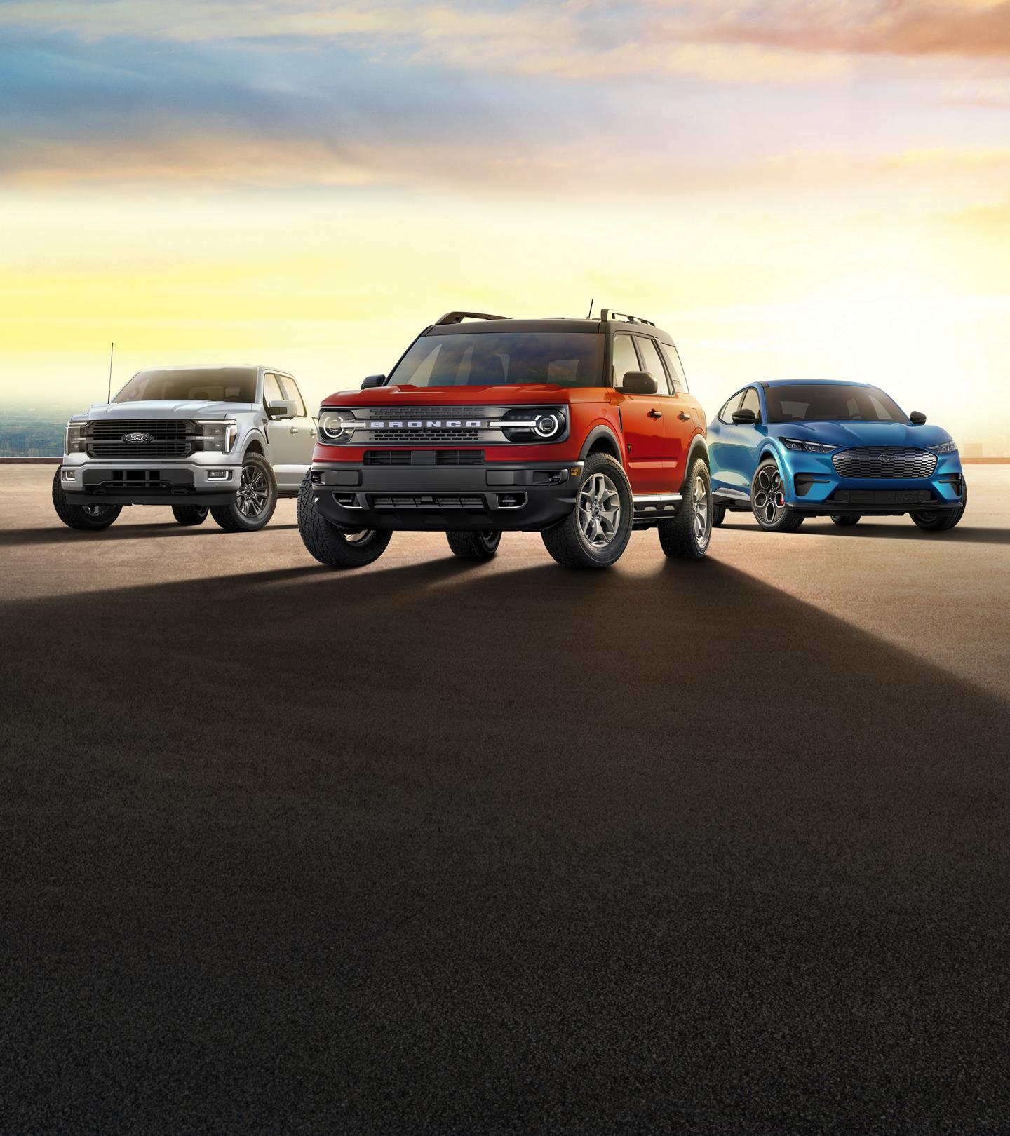 An all-line shot of the Ford Escape, F-150, Bronco Sport, Bronco, and Mustang Mach-E.