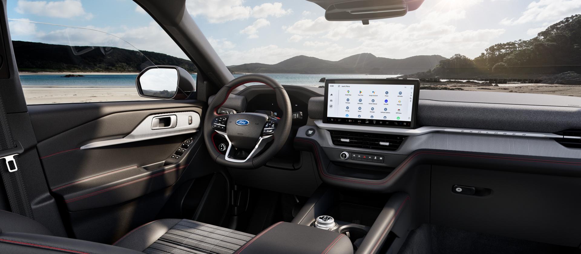 The interior of a 2026 Ford Explorer® ST-Line SUV, showing the dashboard and centre display
