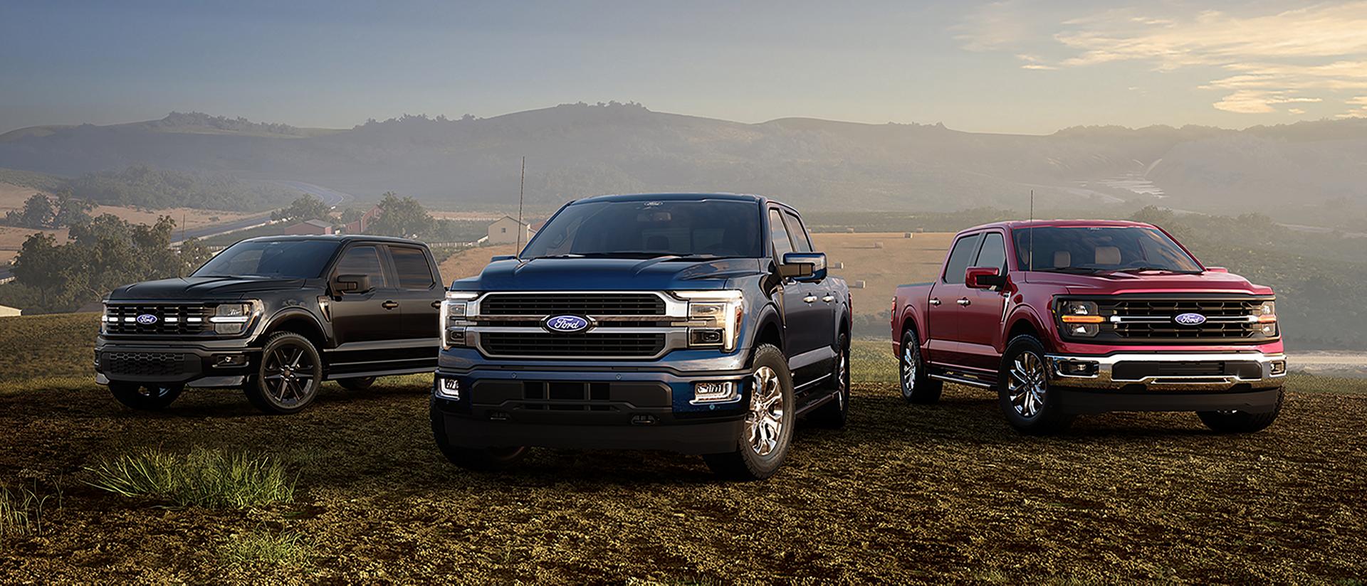 2026 Ford F-150® Platinum® pickup with Satin Package pulling a small trailer on a country road