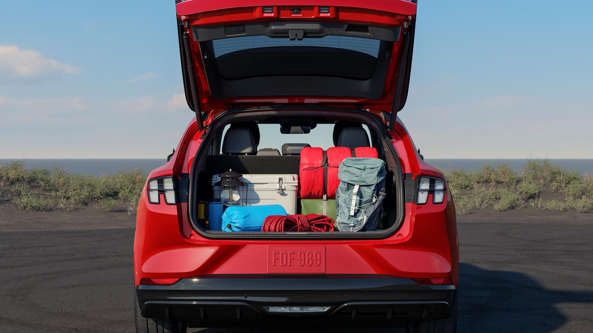 Back cargo area of the 2026 Ford Mustang Mach-E® SUV filled with items
