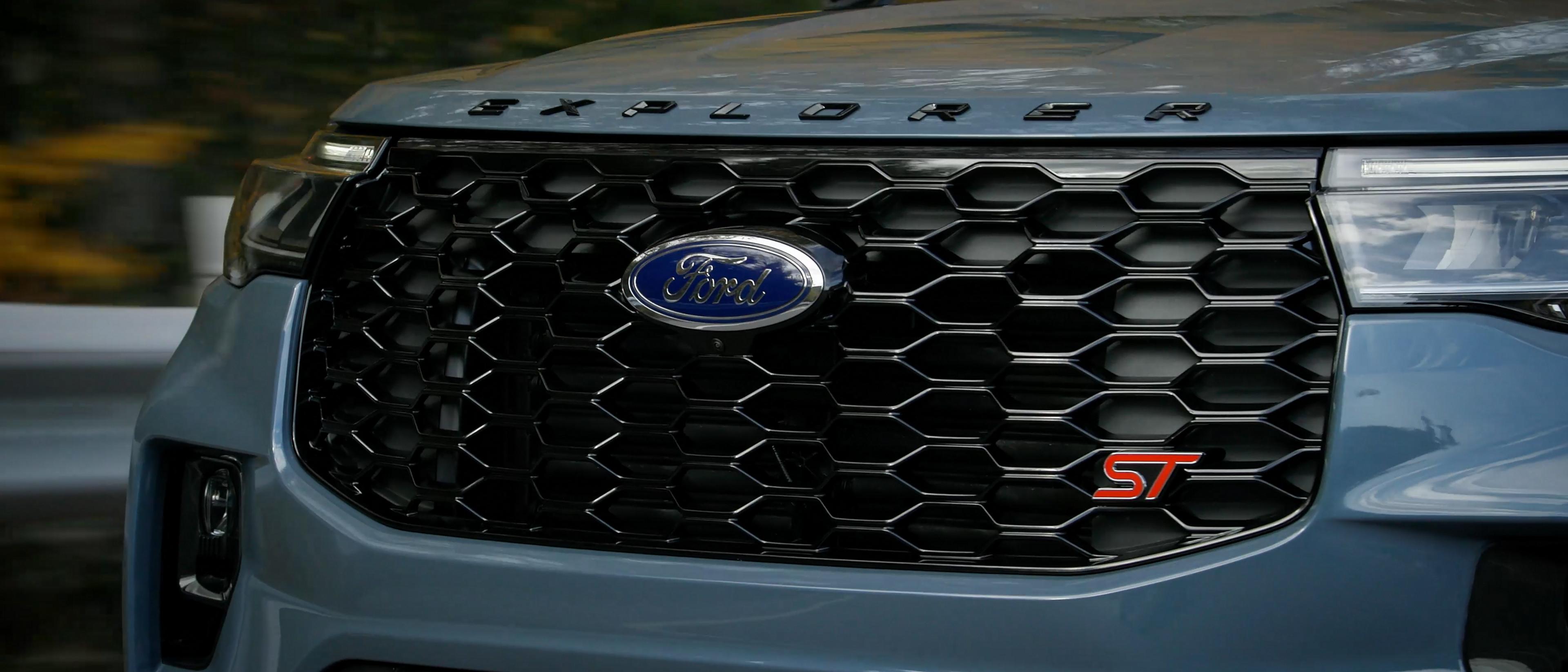 The front fascia of a 2026 Ford Explorer® ST SUV, showing the ST badging