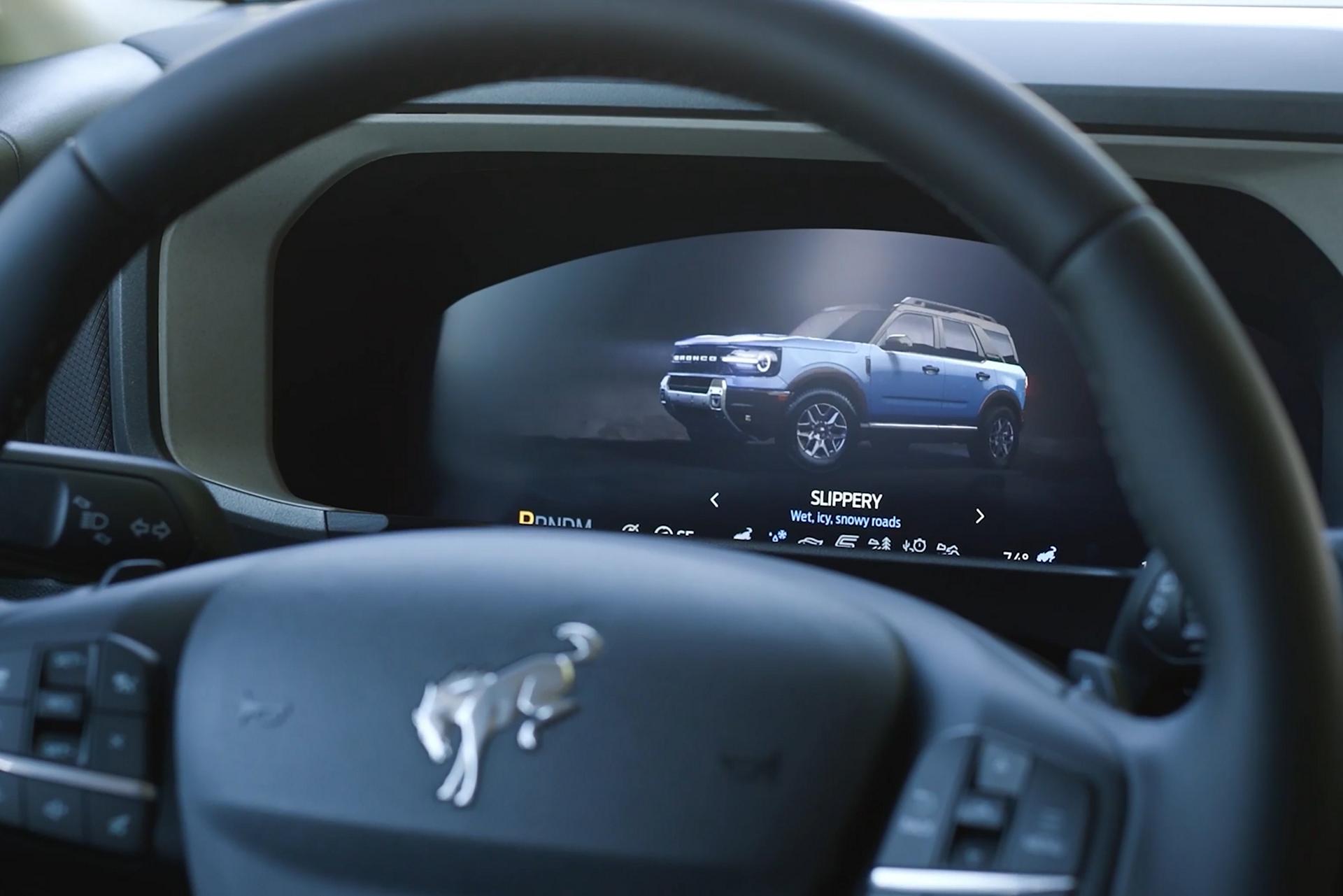 Interior of vehicle showing steering wheel and cluster display