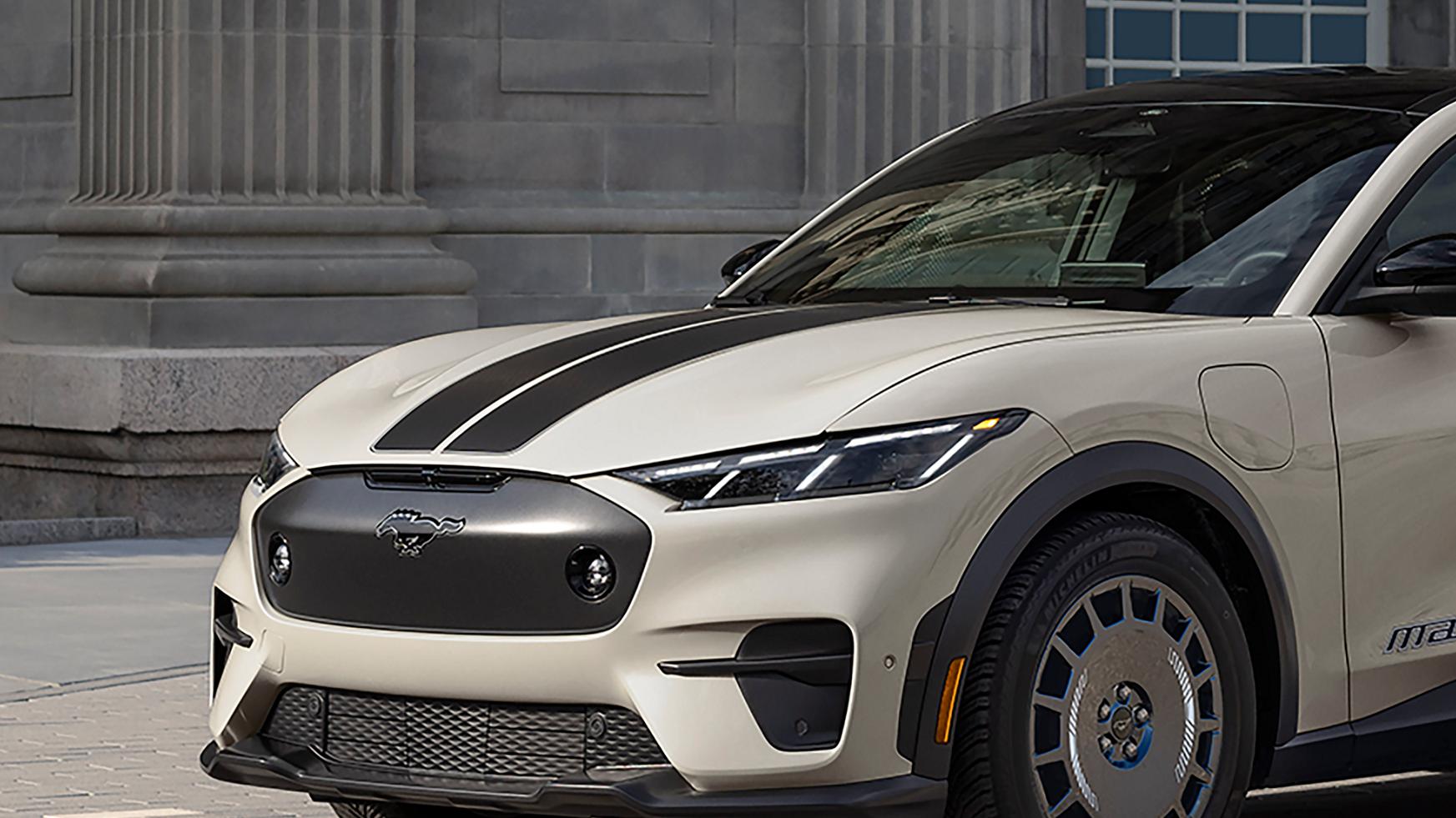 Hood and decklid stripes on the 2025 Ford Mustang Mach-E® Rally model