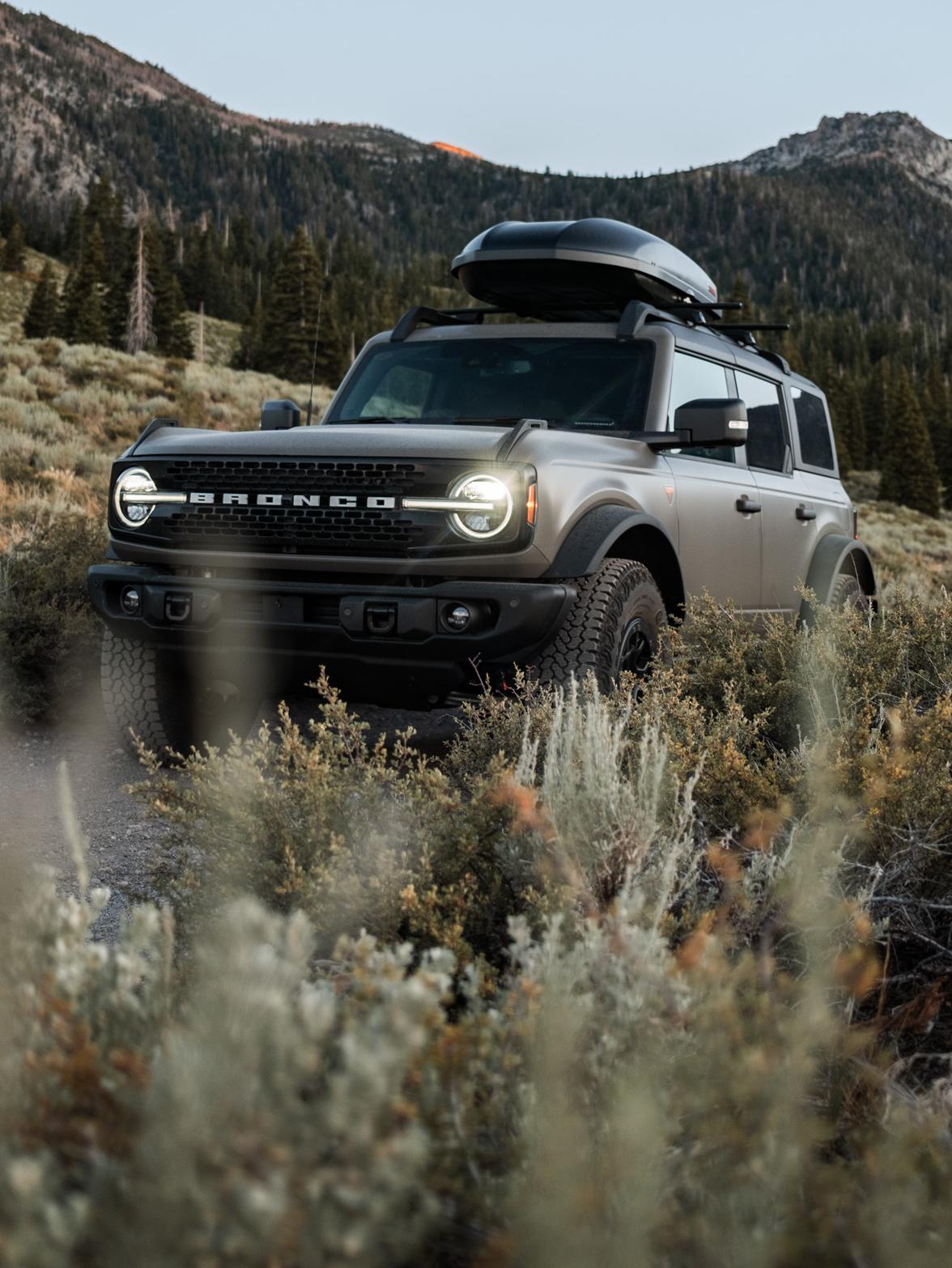 Grey Bronco with roof-mounted storage box parked in a field surrounded by mountains.