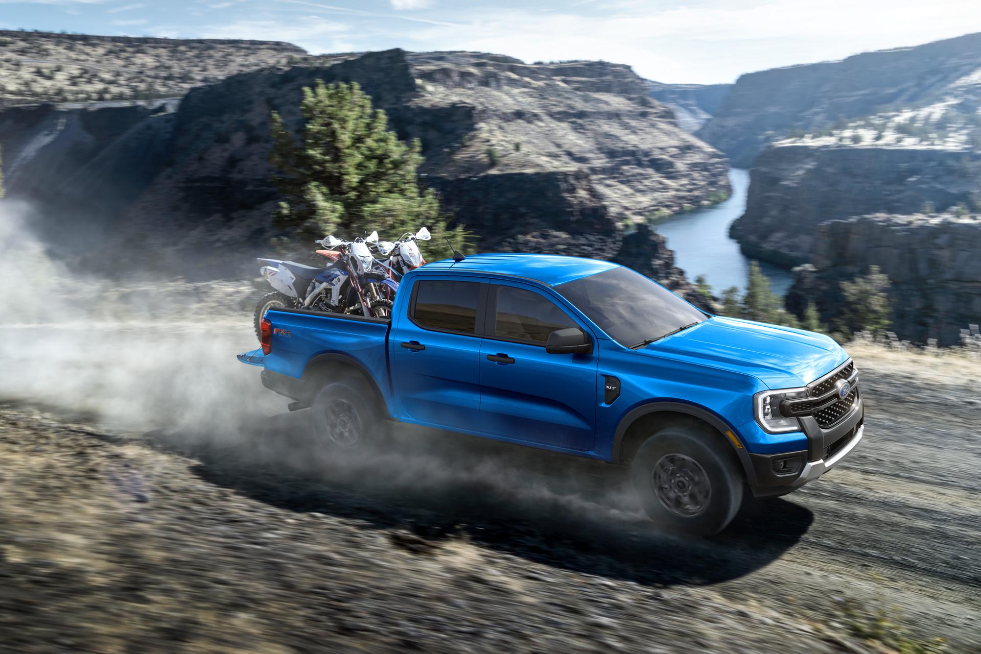 A 2025 Ford Ranger® pickup being driven through the mountains