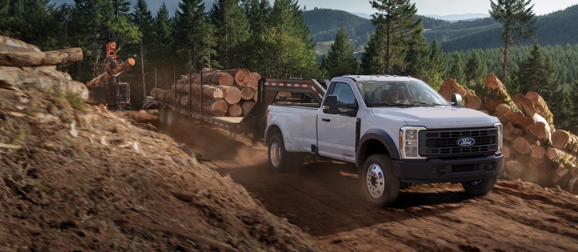 2027 Ford Super Duty® F-450® XL model pulling a large trailer of tree trunks