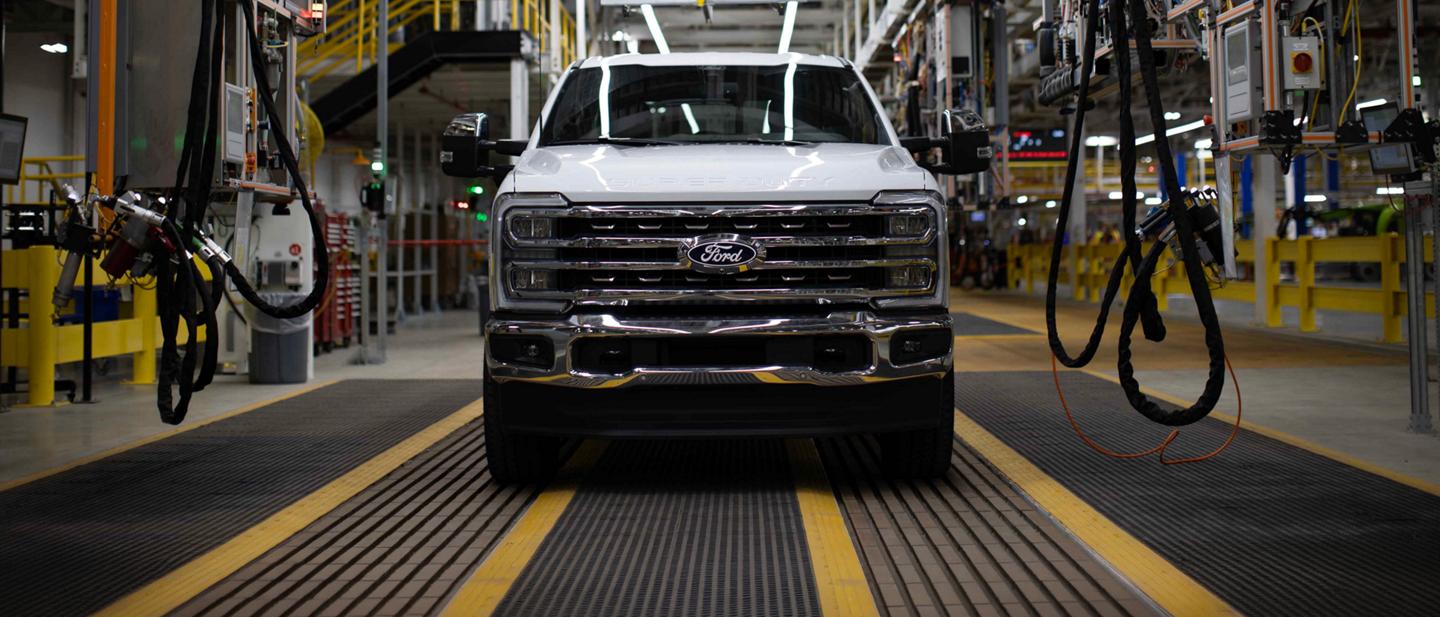 A 2027 Ford Super Duty on an assembly line.