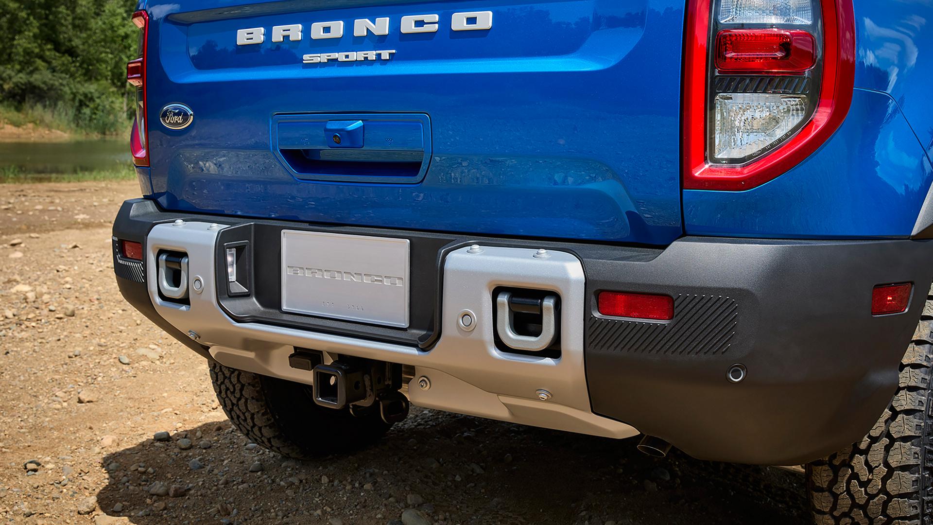 A 2026 Ford Bronco Sport® displaying the recovery hooks at the back of the vehicle