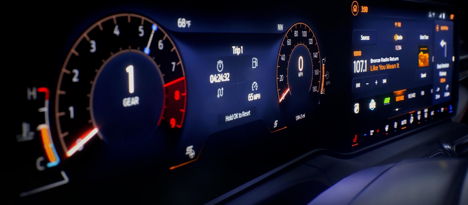 2026 Ford Mustang® dashboard with the available magnesium-framed panoramic curved display