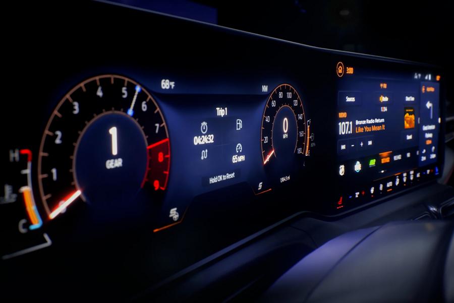 2026 Ford Mustang® dashboard with the available magnesium-framed panoramic curved display