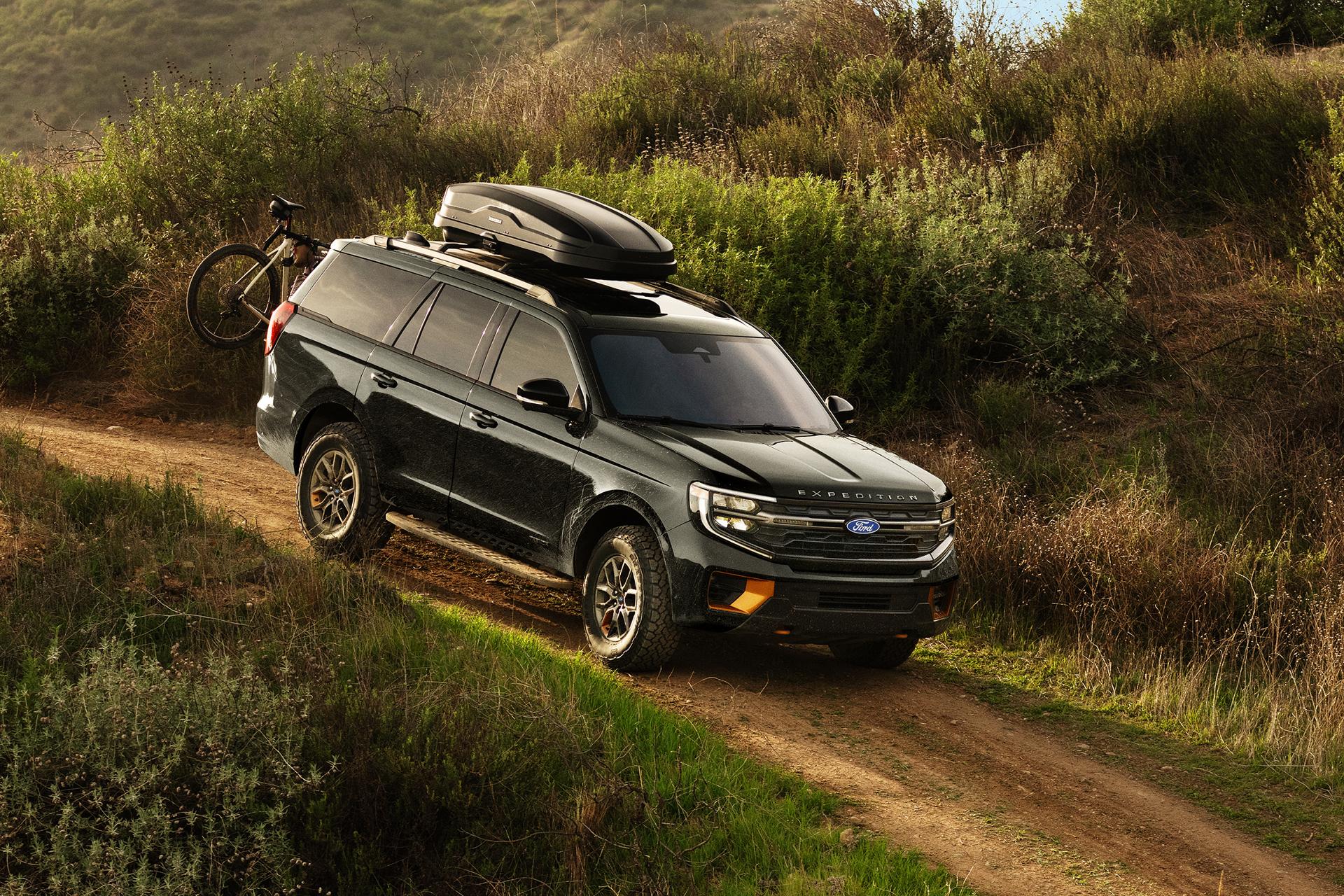 2027 Ford Expedition® Tremor® SUV with an available bike rack and roof rack accessory