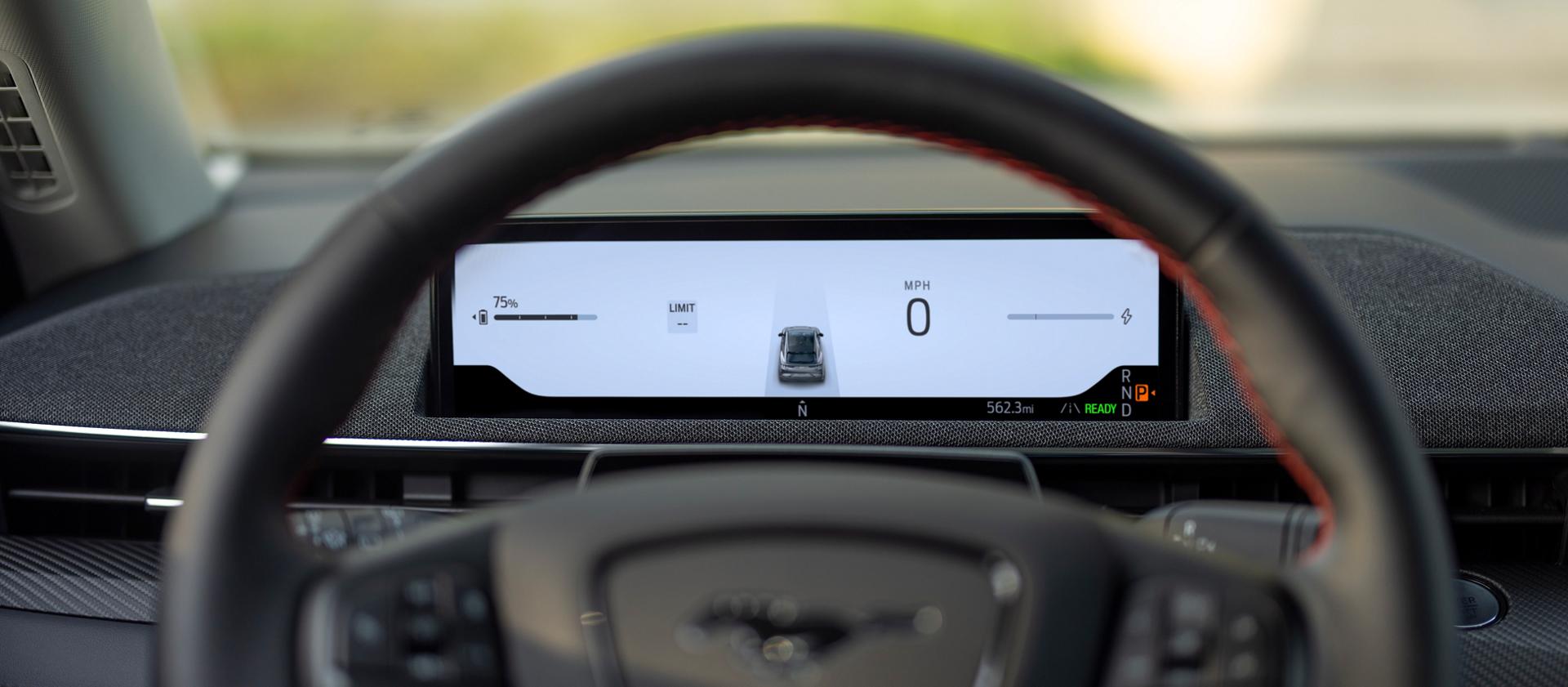 2025 Ford Mustang Mach-E® showing the miles available before charging is needed