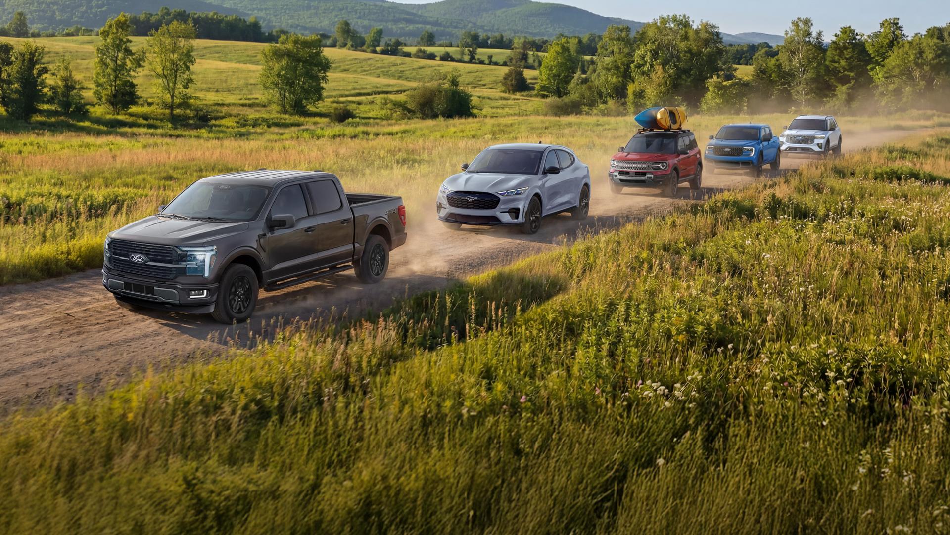 The lineup of Ford vehicles is shown from left to right: F-150®, Mach-E®, Bronco Sport®, Maverick®, and Explorer®.
