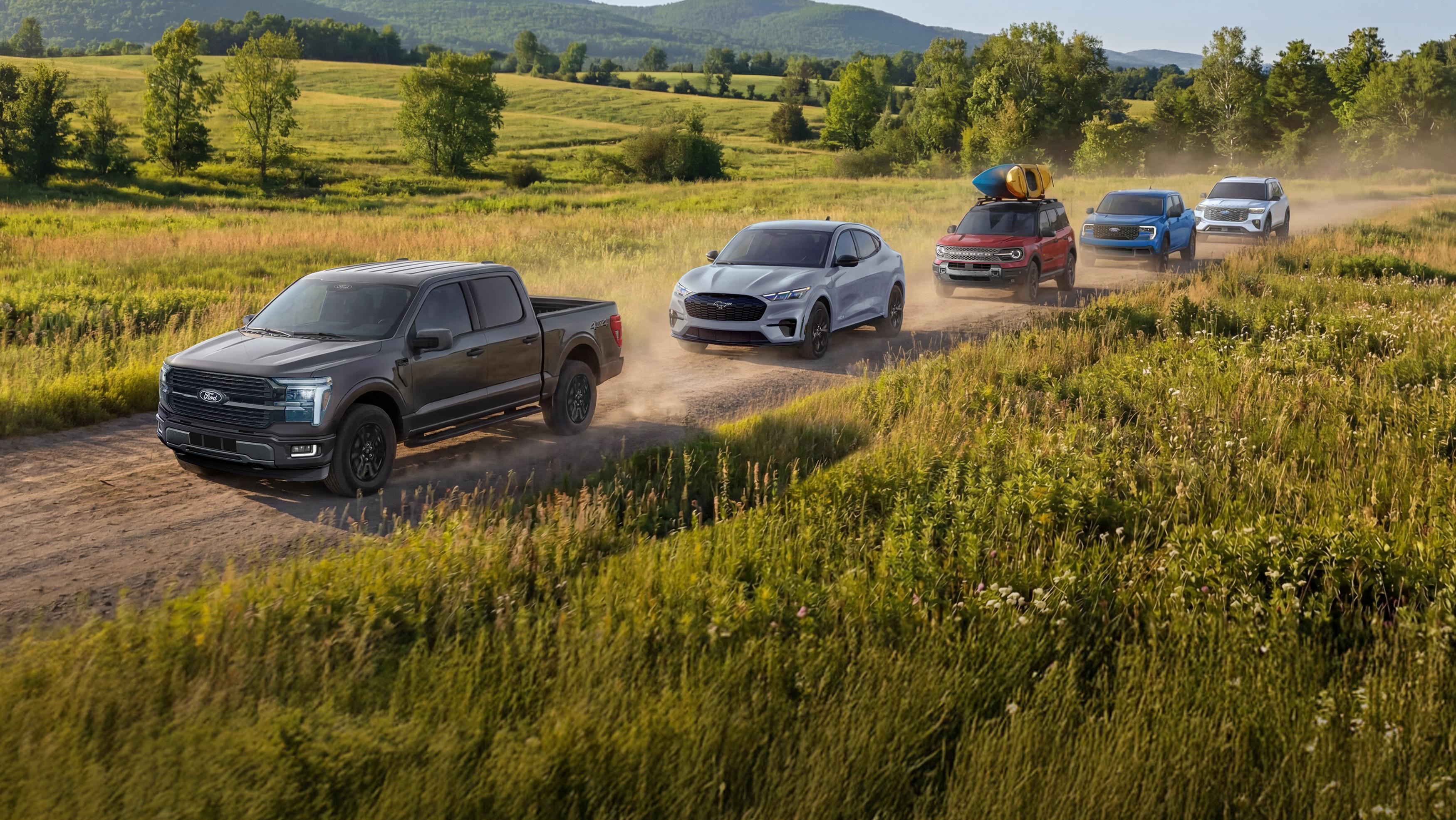 The lineup of Ford vehicles is shown from left to right: F-150®, Mach-E®, Bronco Sport®, Maverick®, and Explorer®. 