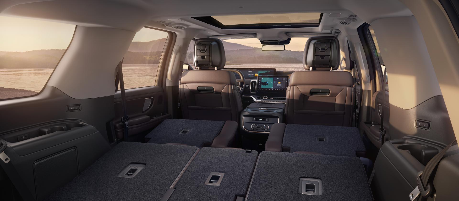 2026 Ford Expedition® Platinum™ SUV rear cargo area with the seats folded flat