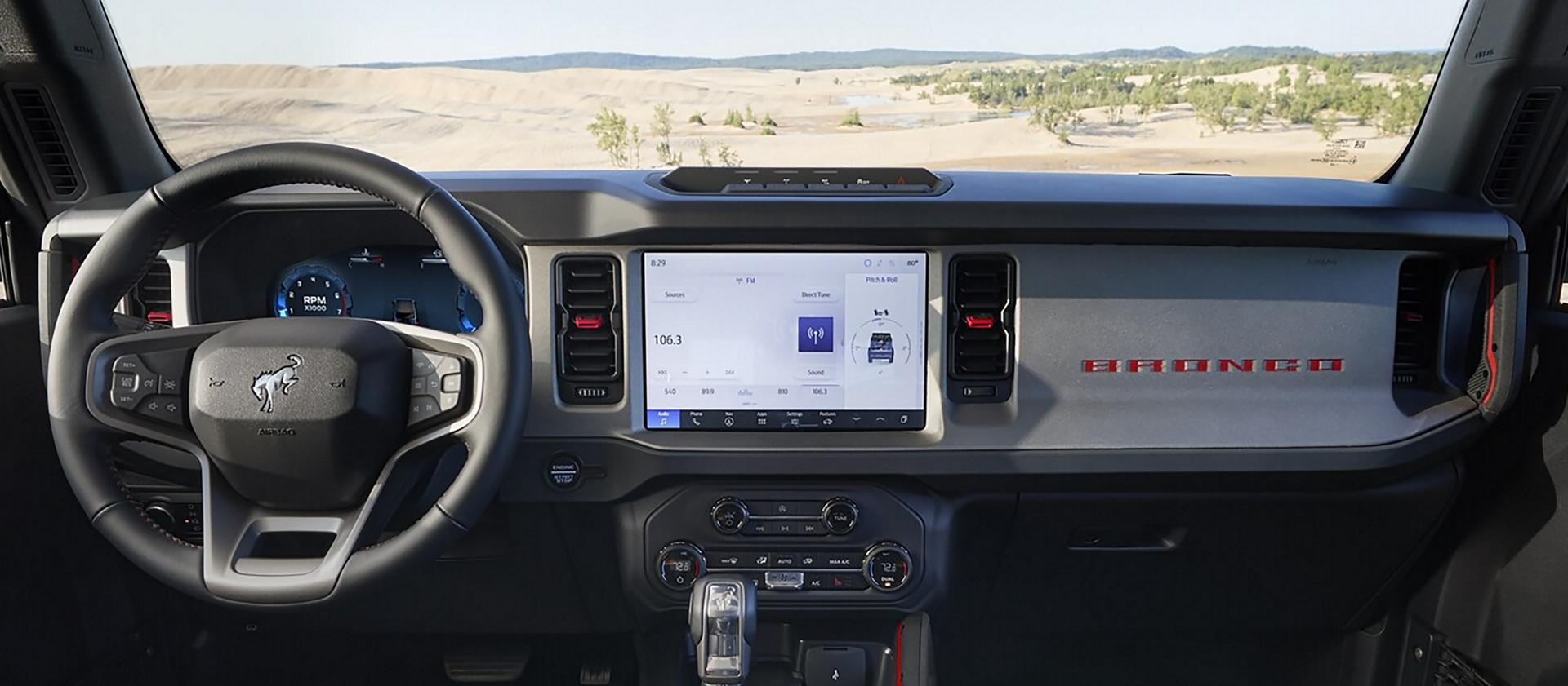 The dashboard of a 2025 Ford Bronco® SUV, showing the 12" centre touchscreen