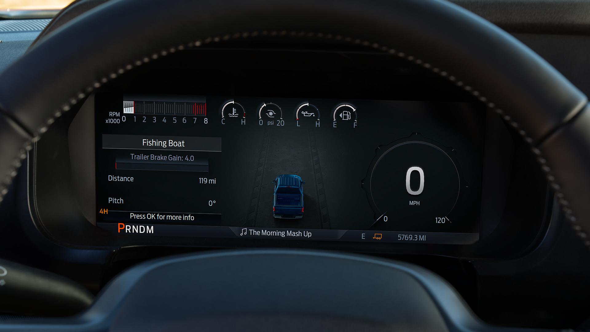 Close-up of the digital instrument cluster display highlighting the Smart Trailer Tow connector feature