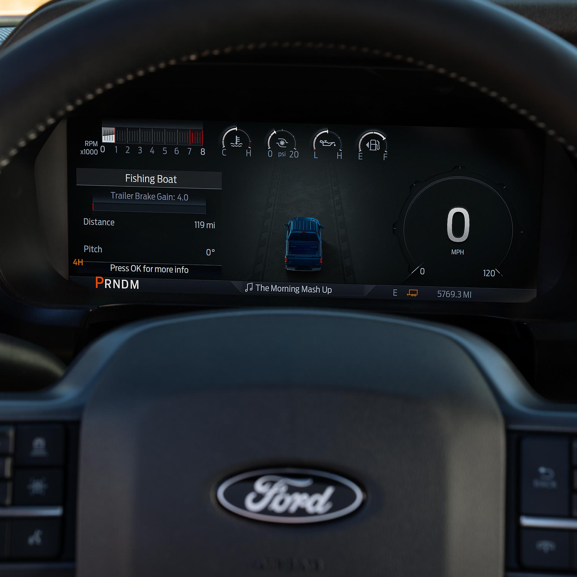 Close-up of the digital instrument cluster display highlighting the Smart Trailer Tow connector feature