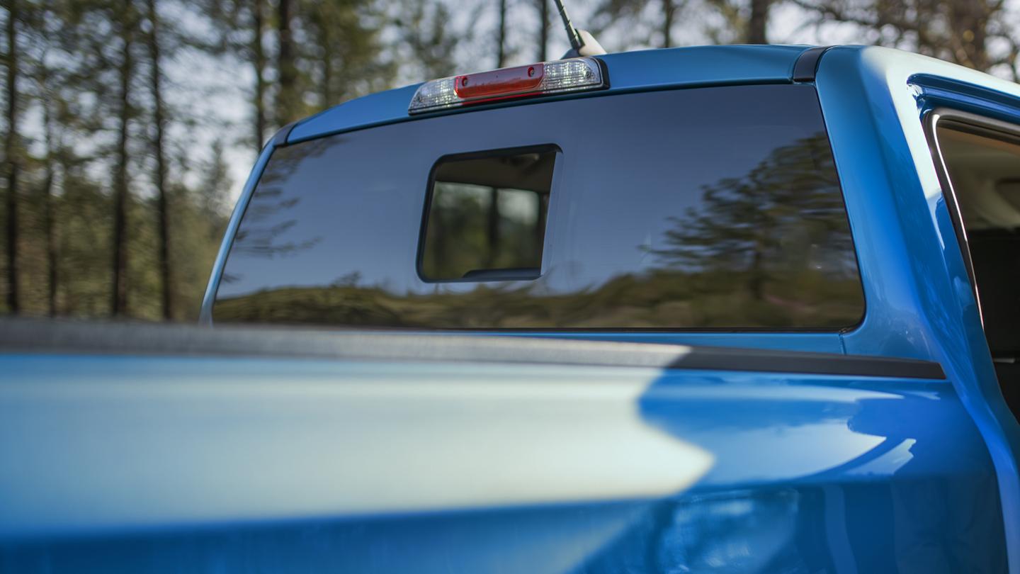 An open power-sliding rear window on the 2026 Ford Ranger® truck