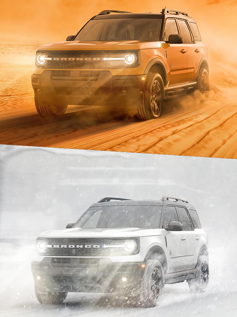 Two 2026 Ford Bronco Sport® SUVs, one orange in a desert landscape and one white in a snowstorm