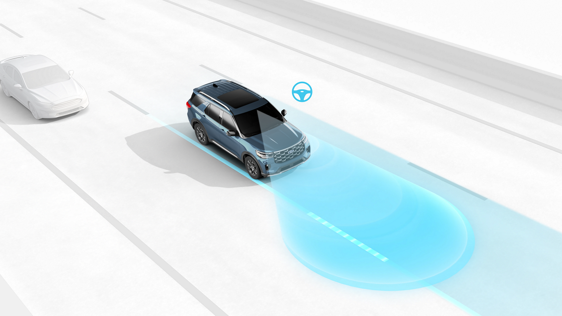 An illustration of sensors observing the area around a 2026 Ford Explorer® SUV
