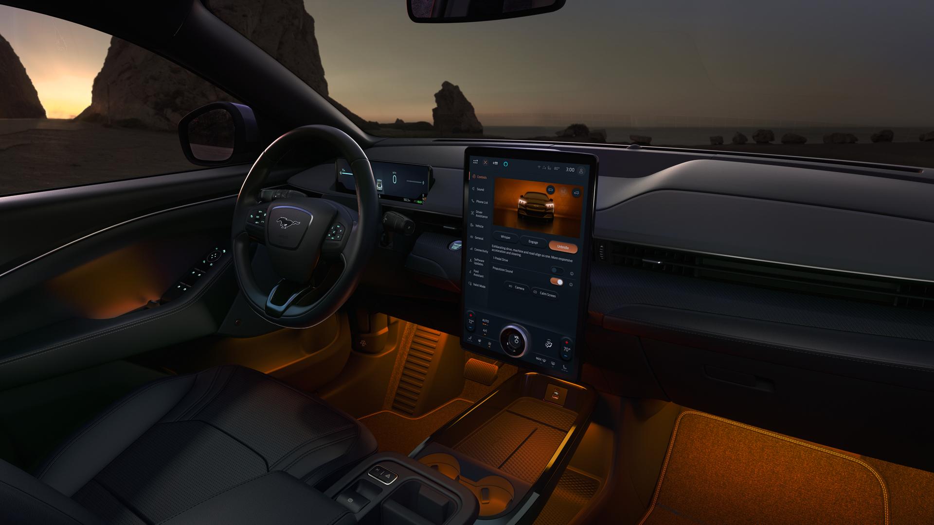 Interior of a 2025 Ford Mustang Mach-E® with ambient lighting