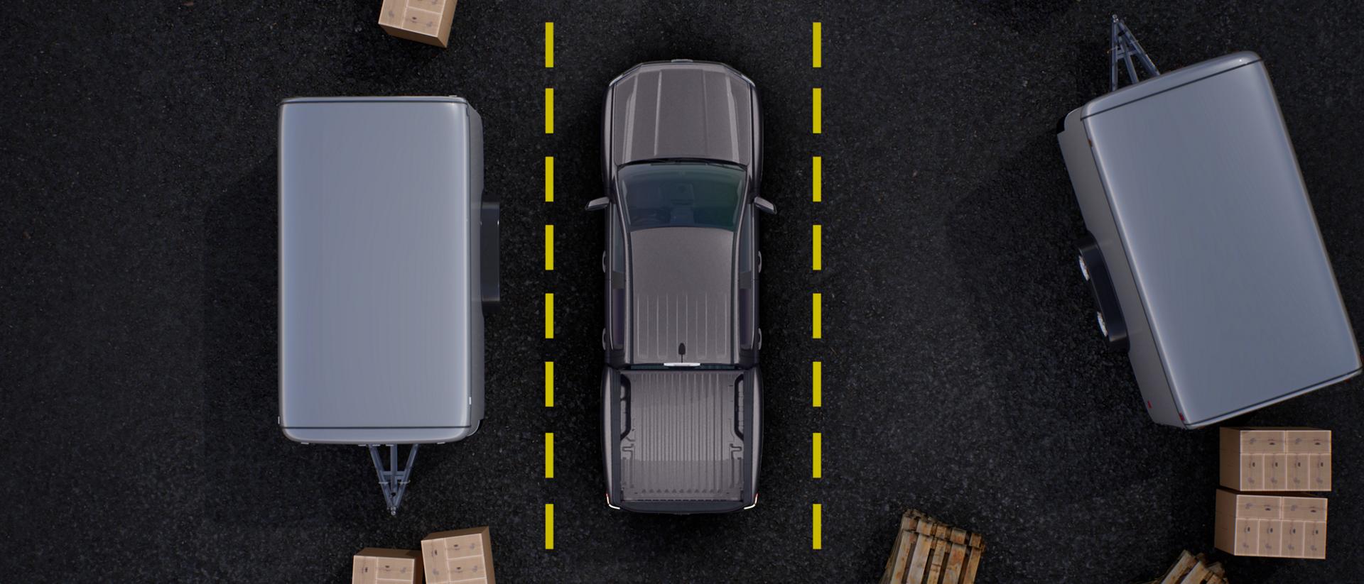Overhead view of a 2025 Ford Ranger® surrounded by crates with yellow guidelines