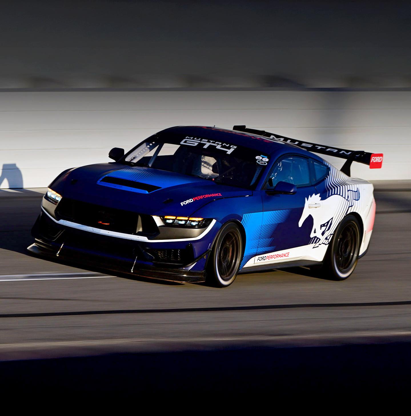 Mustang GT4 on a racetrack.