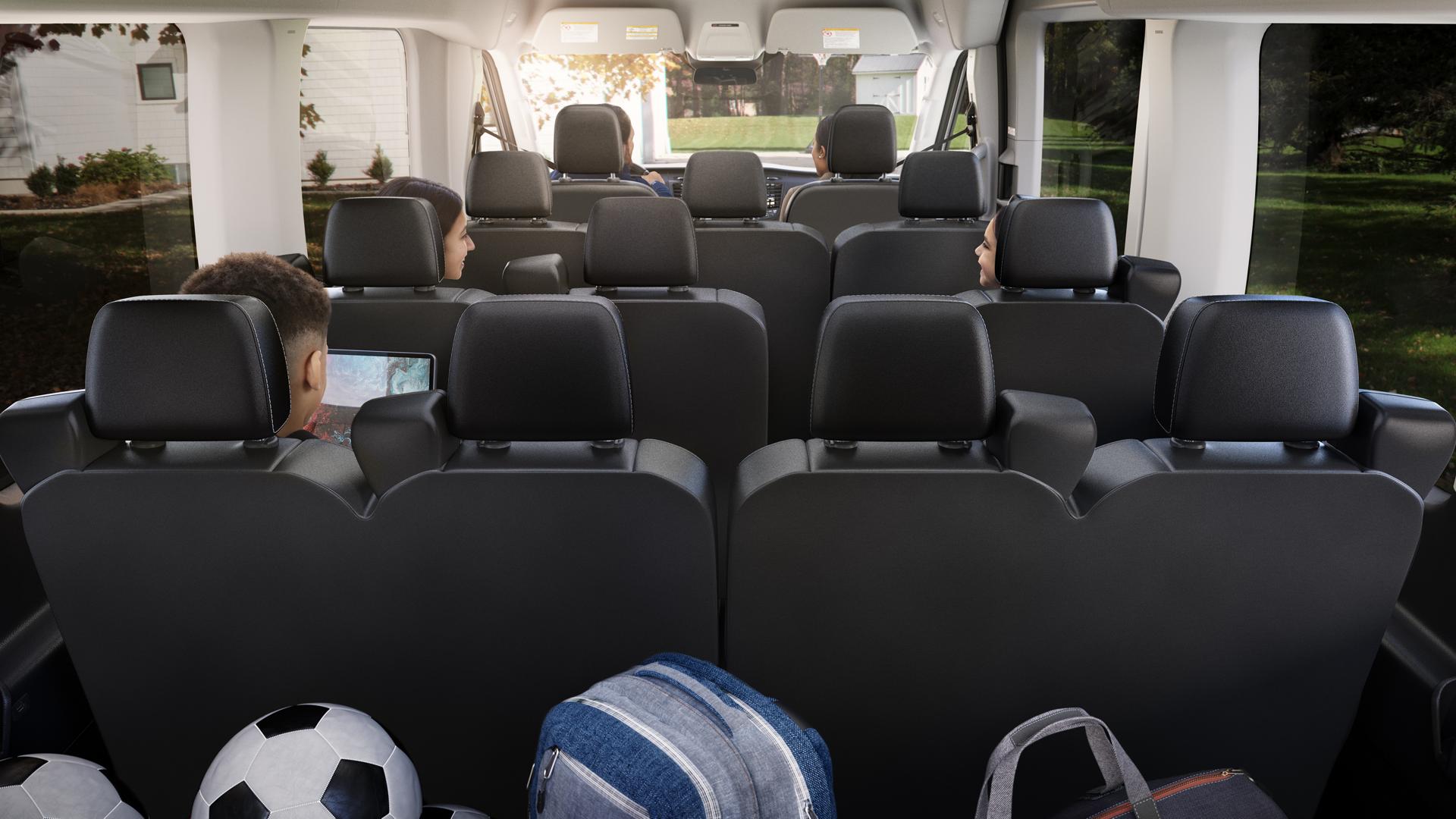 Seating for up to 15 passengers inside a 2026 Ford Transit® van