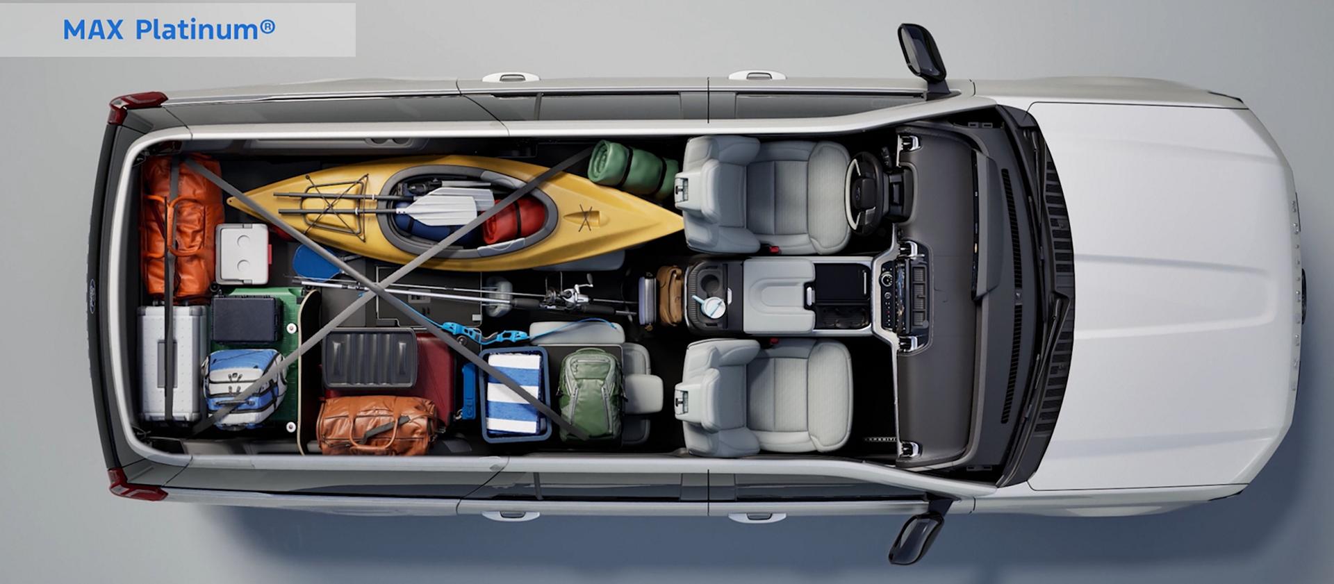 2026 Ford Expedition® Platinum™ and an Expedition MAX® Platinum™ interior seating configuration with various cargo