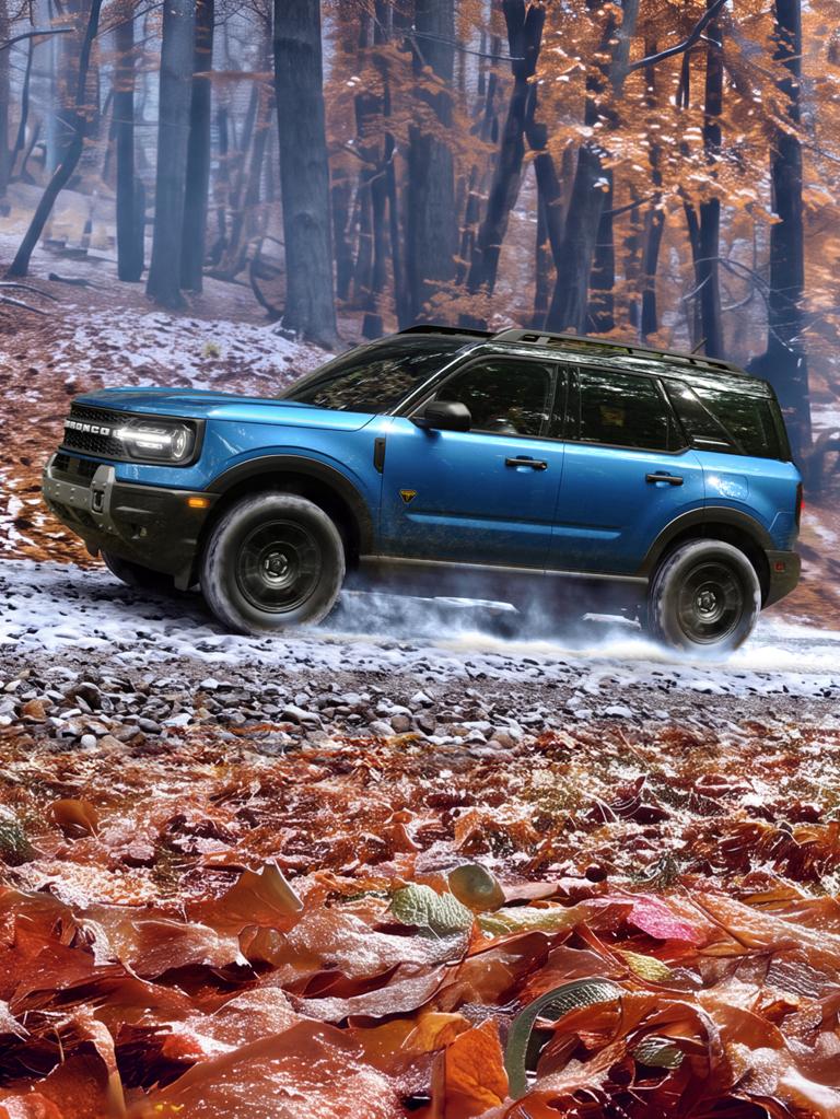 A blue Bronco Sport® driving along a wooded forest trail.