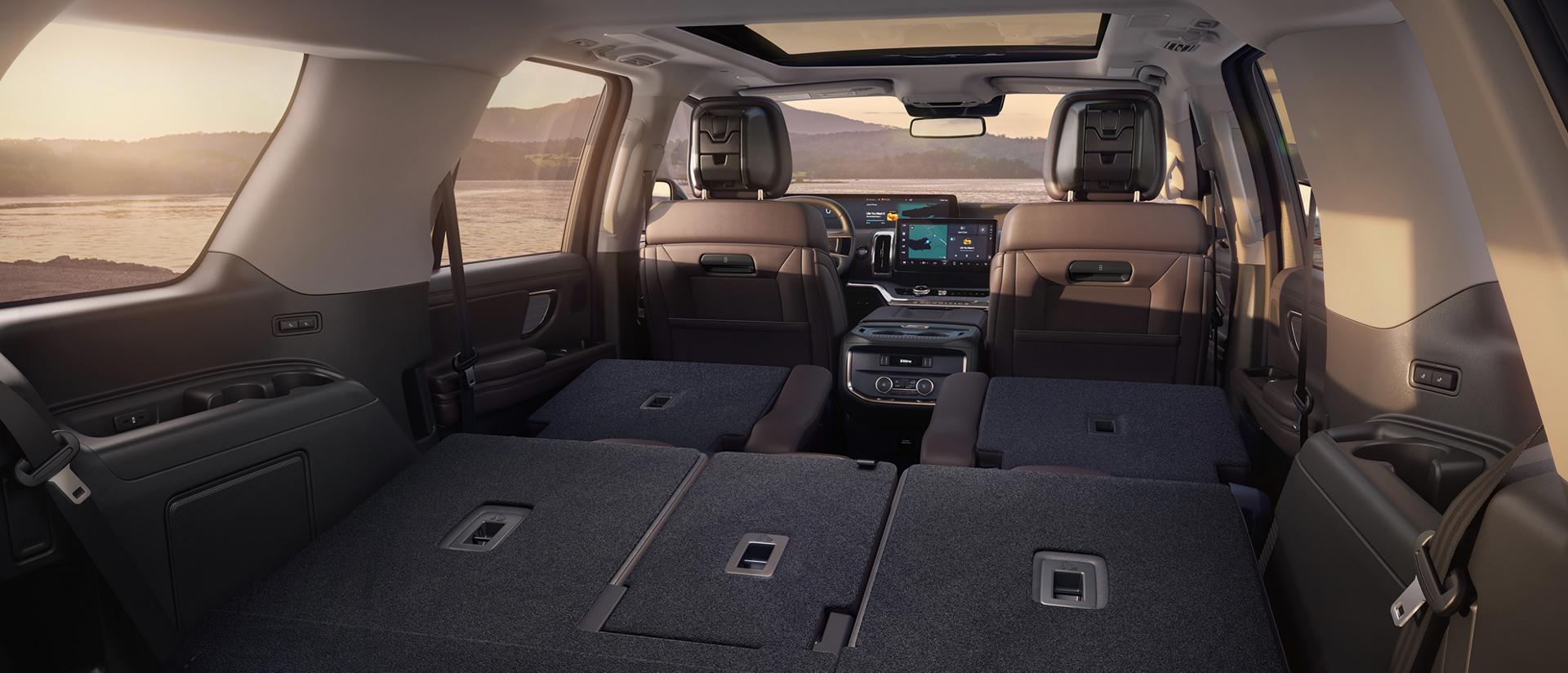 2027 Ford Expedition® Platinum™ SUV rear cargo area with the seats folded flat