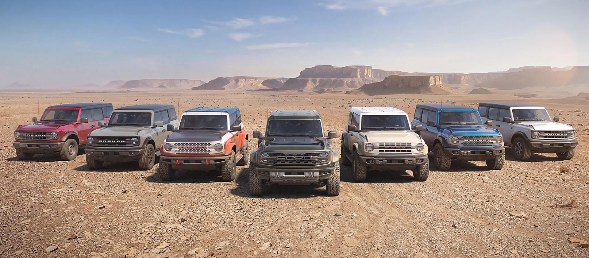A lineup of 2026 Ford Bronco® SUVs
