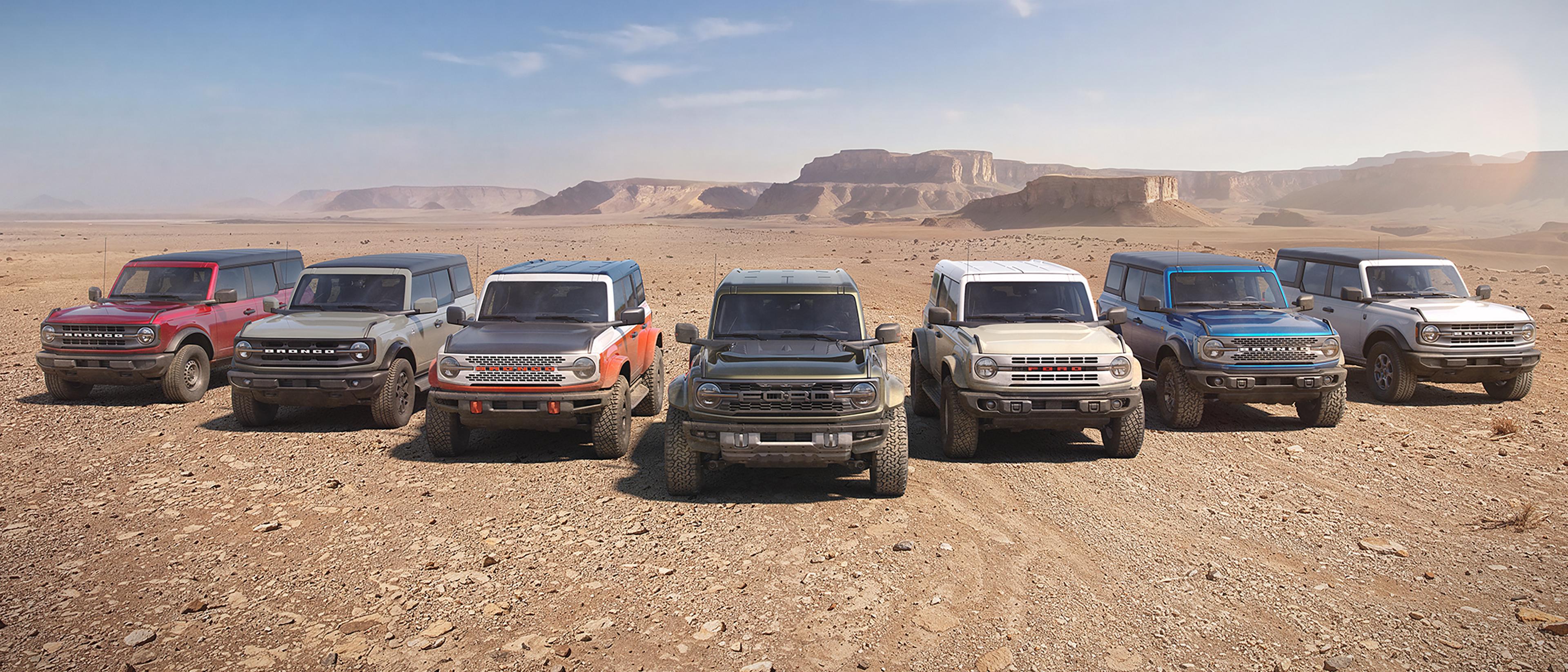 A lineup of 2026 Ford Bronco® SUVs