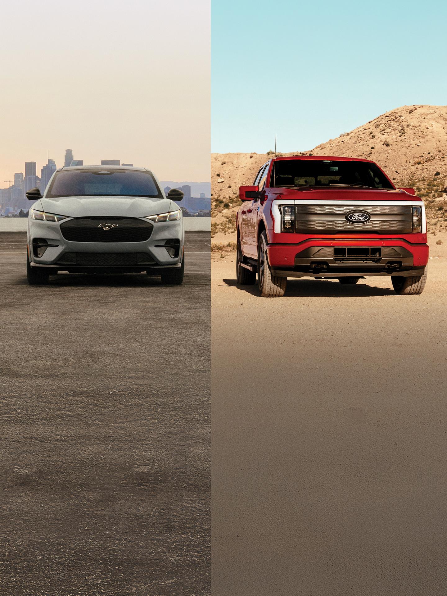 Split screen shot of a Mustang Mach-E® and an F-150 Lightning®.