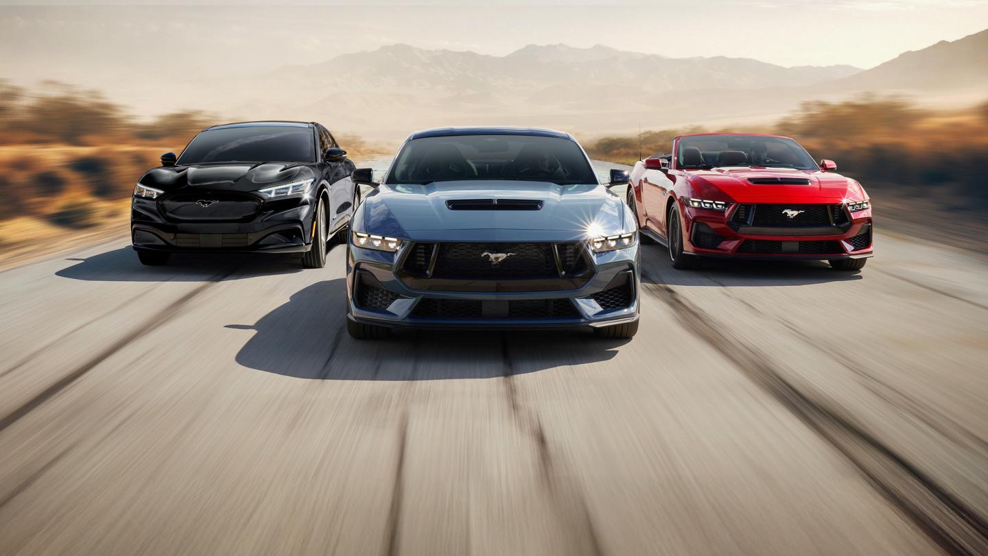 Pack shot of Mustang convertible, fastback, and Mach-E.