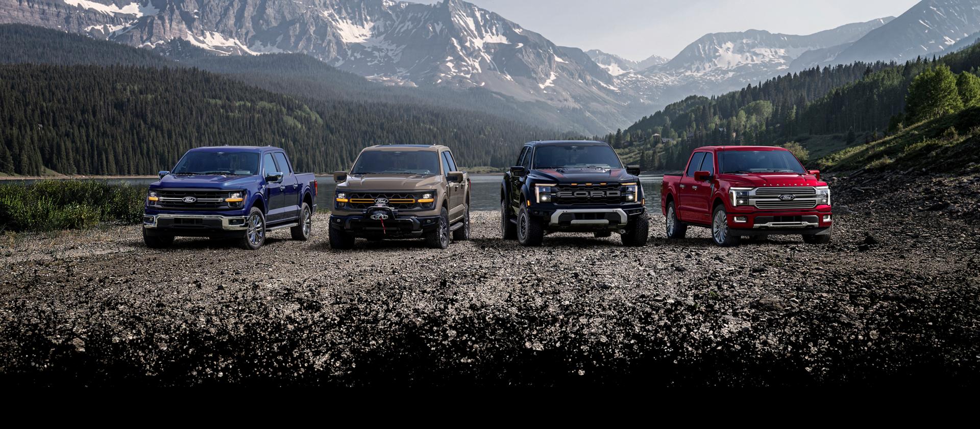 Full lineup of F-150® pickups parked overlooking a mountain range