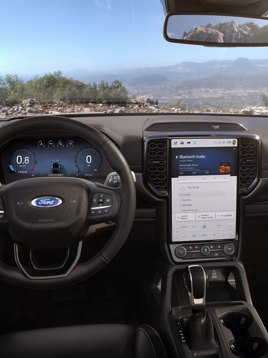 Interior of the 2025 Ford Ranger® pickup dash and centre stack touchscreen