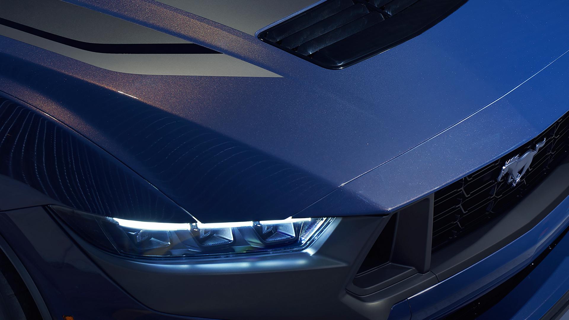 2026 Ford Mustang Dark Horse® headlamps and coupe hood in available Blue Ember Metallic