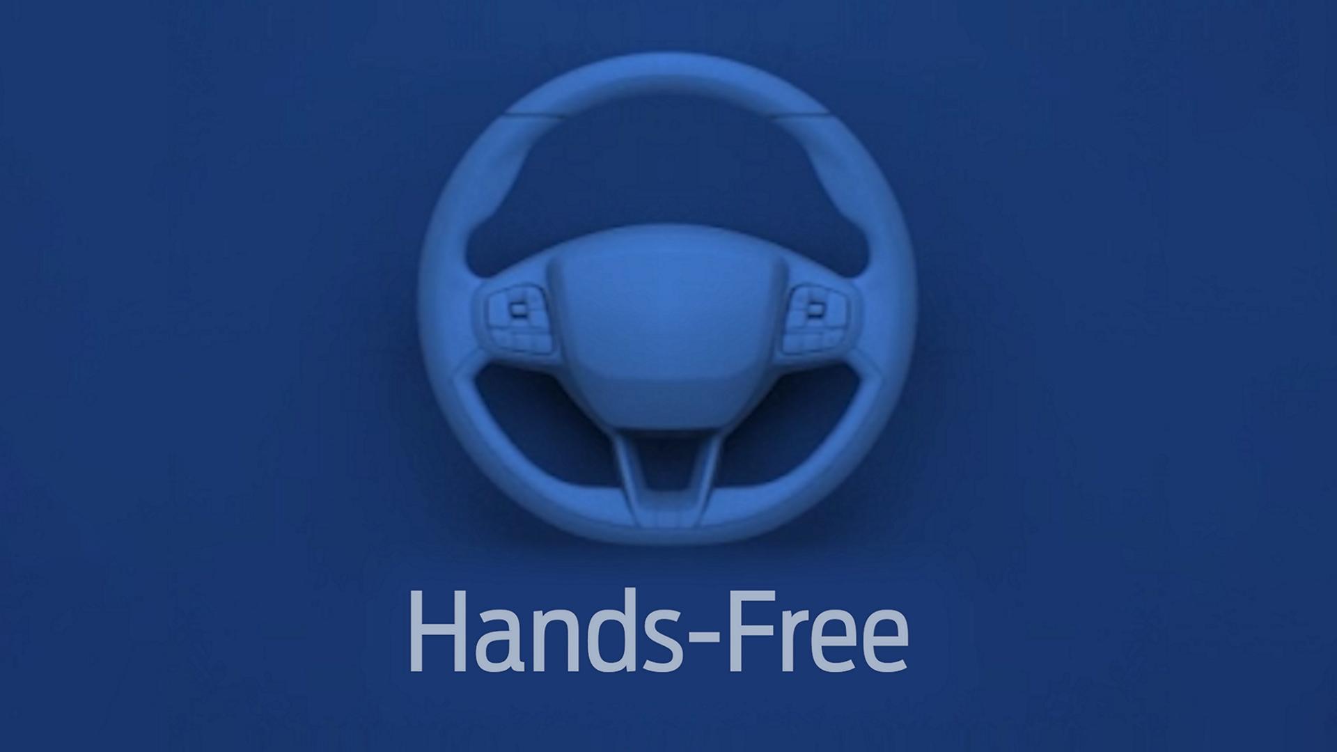 Steering wheel illustration with text that reads hands-free