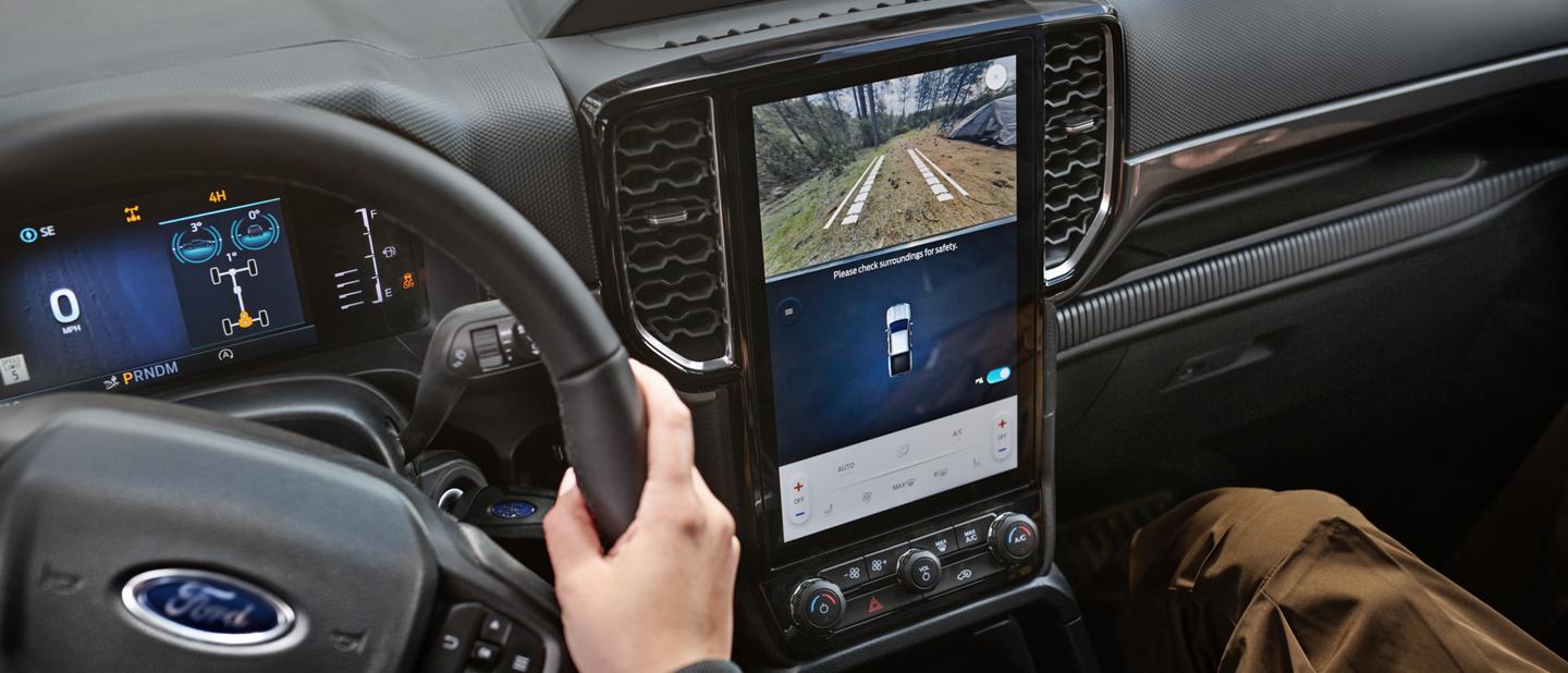Interior view of both the cluster display and centre display inside the 2026 Ford Ranger® truck