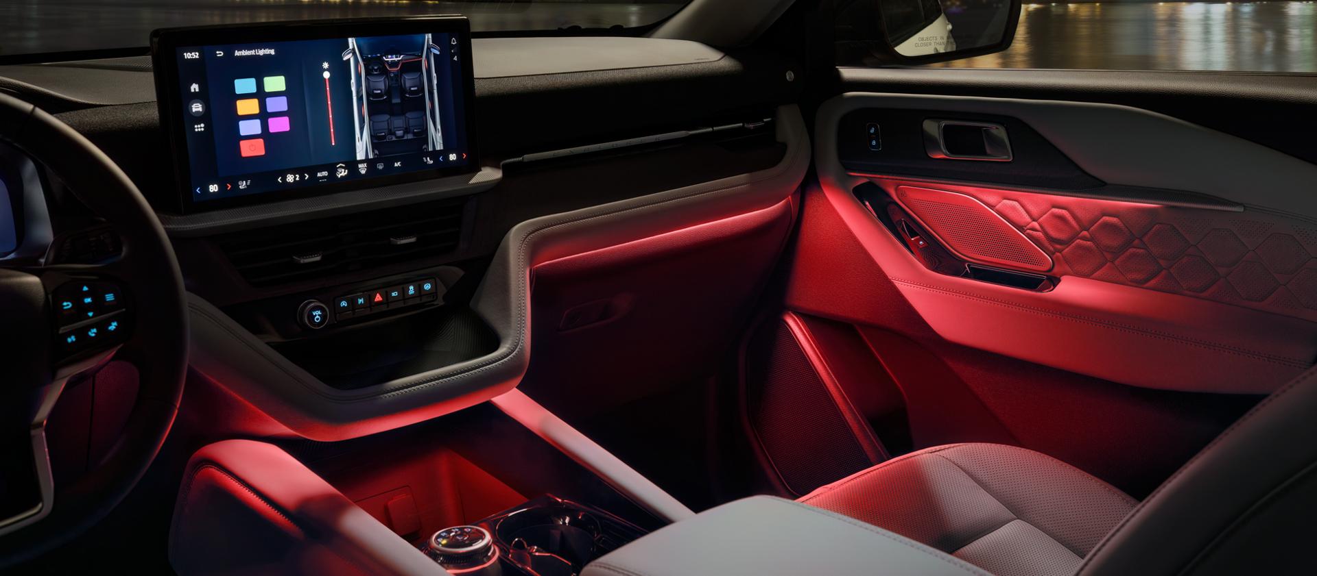 The interior of a 2026 Ford Explorer® SUV showing Ambient Lighting
