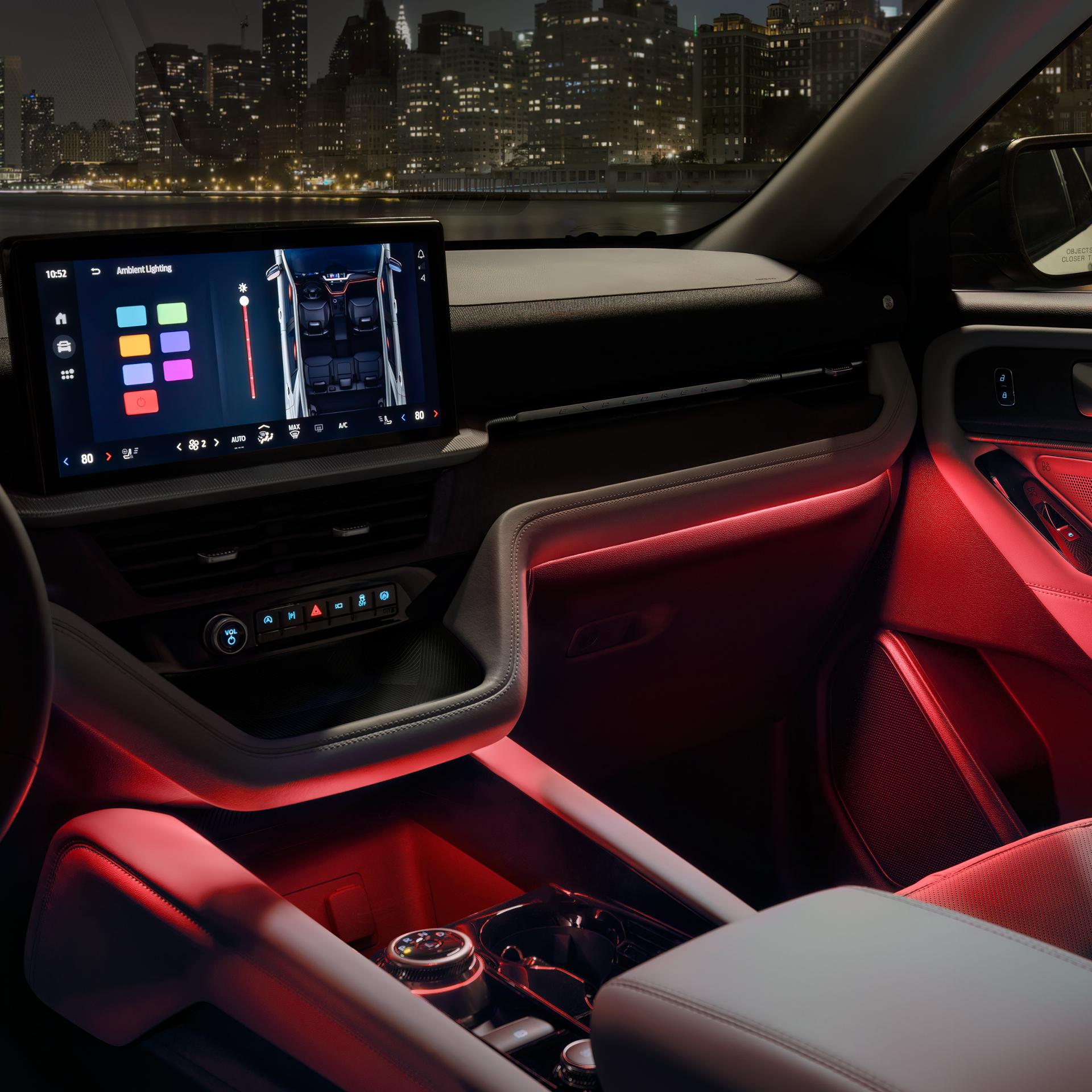 The interior of a 2026 Ford Explorer® SUV showing available Ambient Lighting
