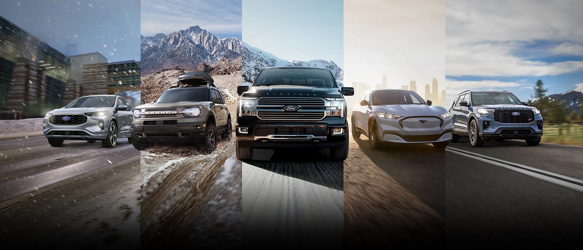 The lineup of Ford vehicles is shown from left to right: Escape, Bronco Sport, F-150, Mach-E, and Explorer. 